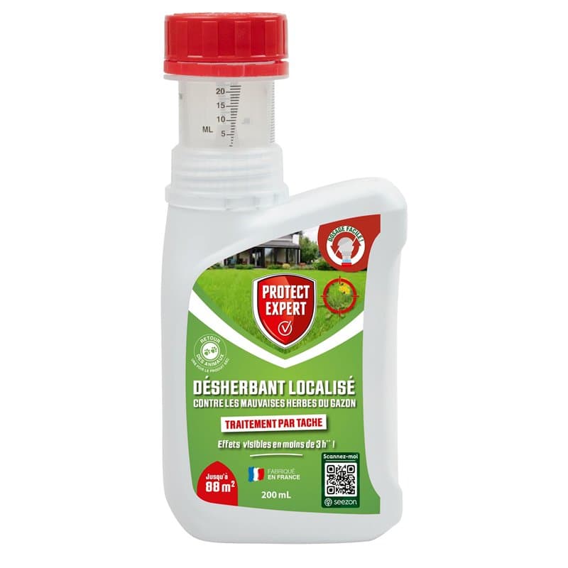 PROTECT EXPERT Désherbant Concentré Localisé Contre Les Mauvaises Herbes Du Gazon - 200ml - Soit 88m² - Non Sélectif - Bidon Dos