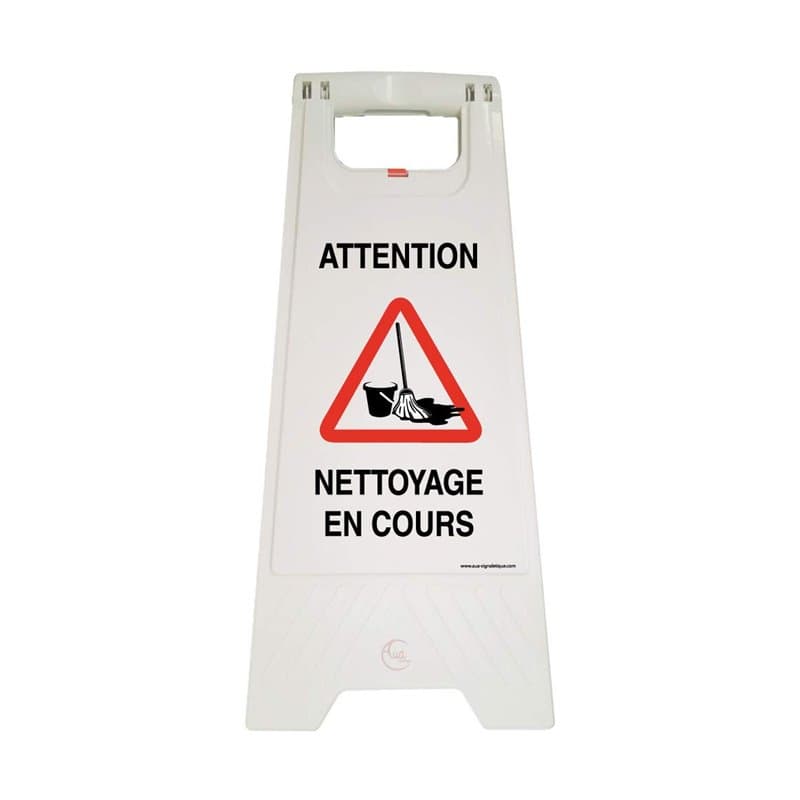 AUA SIGNALETIQUE - Chevalet signalisation Nettoyage en Cours Attention - Poids 1KG en Plastique Blanc