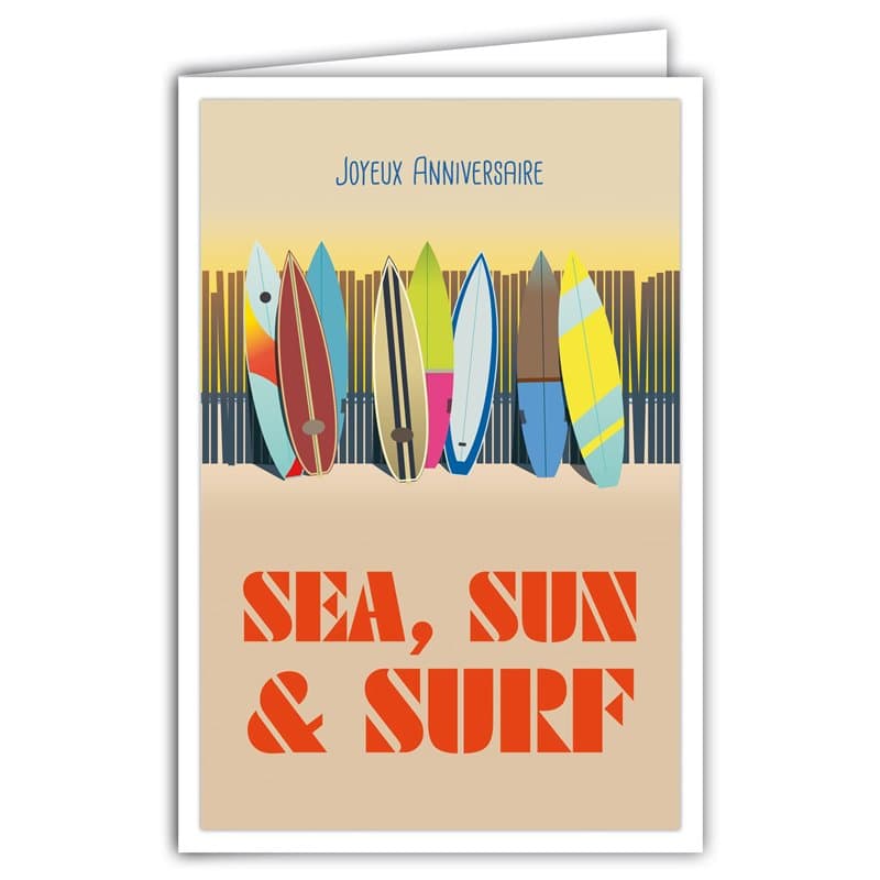 AFIE 69-4303 Carte Joyeux Anniversaire - Enveloppe - Mini Posters Format 17x11,5cm - Planches de Surf Sport Glisse Mer Soleil Sp