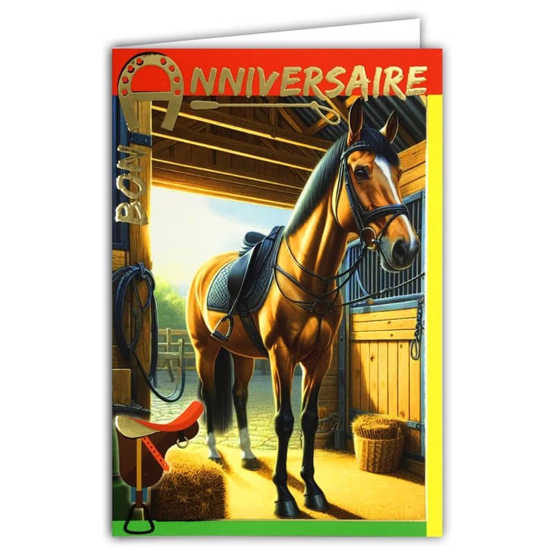 67-1278 Carte Bon ANNIVERSAIRE Fer à Cheval Porte-Bonheur en Or Doré Brillant et Enveloppe 12x17,5cm équitation hippisme club hi