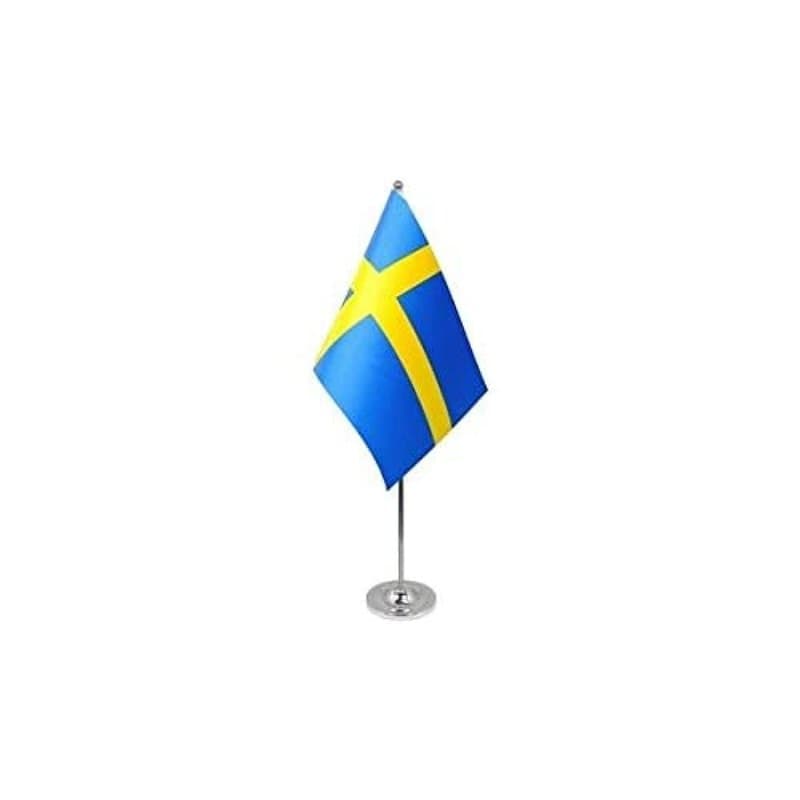 AZ FLAG - Drapeau De Table Suède Prestige - Drapeau Suédois De Bureau en Satin avec Hampe De 30cm Et Socle en Métal - 22x15 cm