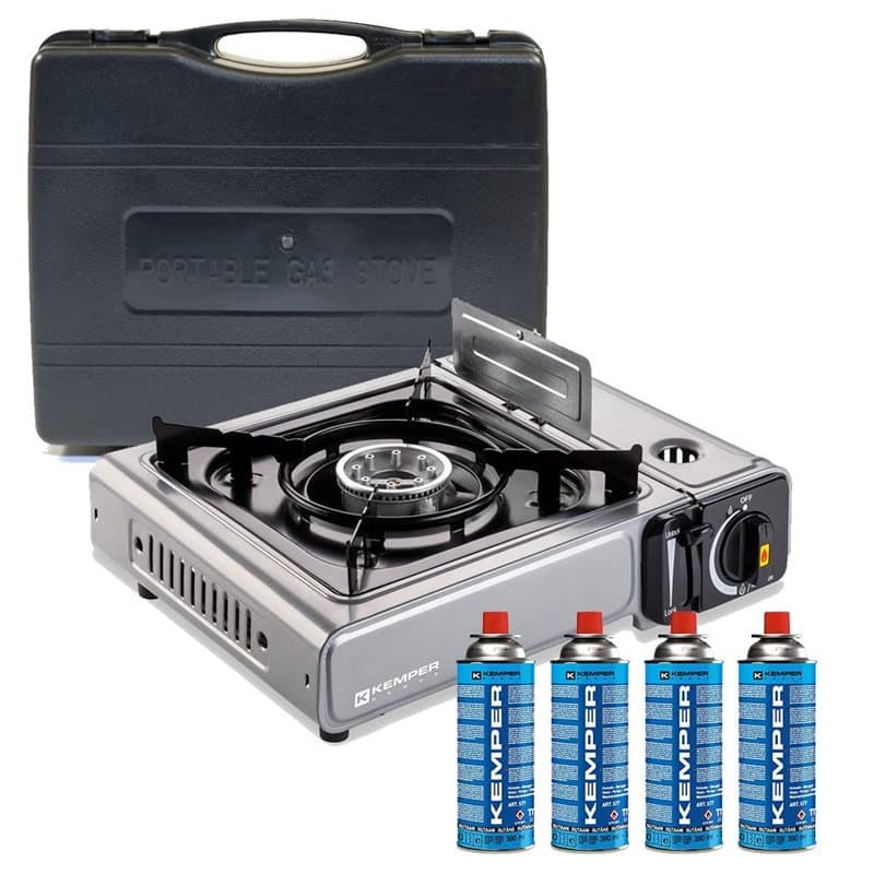 KEMPER - Réchaud à gaz NOMADE INOX 2200W + 4 cartouches gaz Allumage piezo Sécurité insert gaz