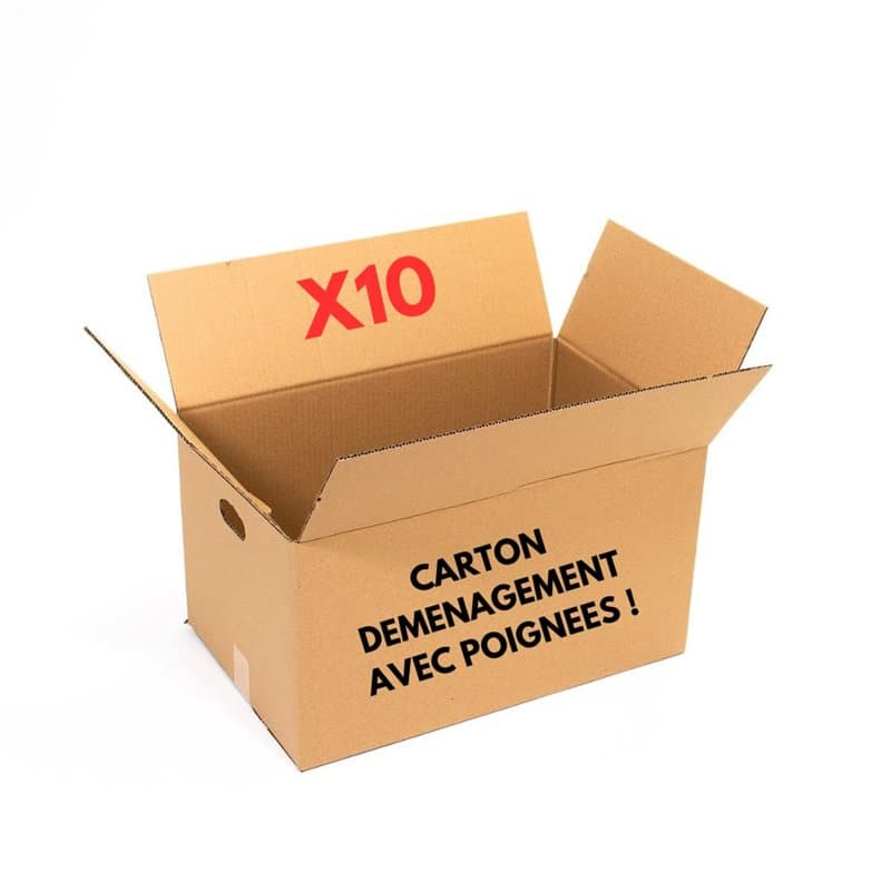 Carton Déménagement Avec Poignées | Kit 10 Cartons Taille L - 55x35x30 cm | Renforcé (jusqu'à 25 kgs) | Double Cannelure | 1 adh