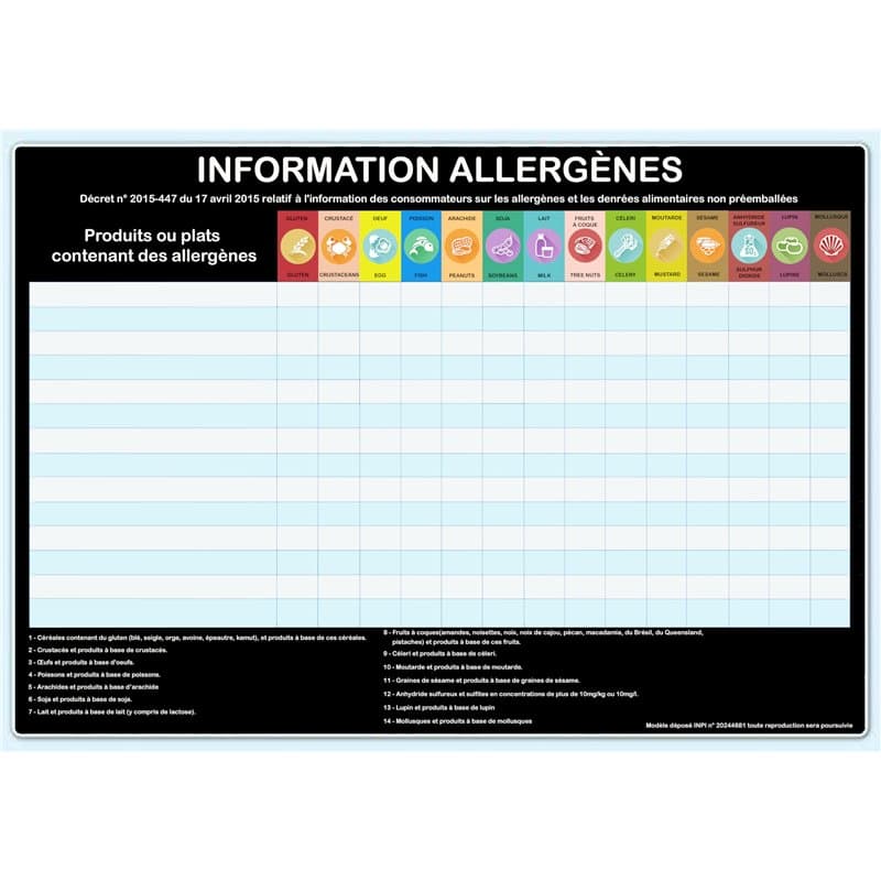 Tableau des allergènes - Affichage OBLIGATOIRE pour tout établissement de restauration - format paysage, noir - Affichage format