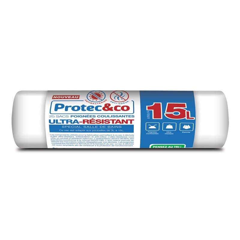 PROTEC&CO Sac Poubelle 15L Le Seul 4 en 1 Du Marché : Ultra Résistant Anti Bactérien Anti Odeurs Poignées Coulissantes Spécial S