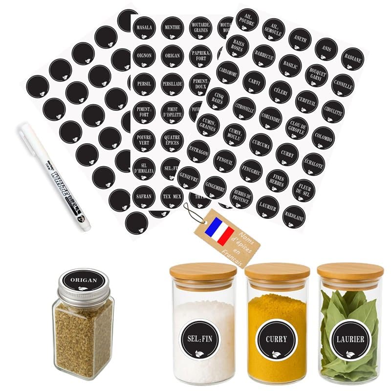 Kistayle Étiquettes Épices Rondes – Fond Noir, Écriture Blanche – 105 Autocollants Cuisine Étanches – Étiquettes Autocollantes B
