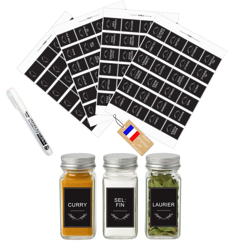 Étiquettes Épices Rectangulaires – Fond Noir, Écriture Blanche – 96 Autocollants Étanches – Étiquettes Adhésives Cuisine pour Po