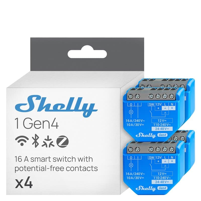 Shelly 1 Gen4 - Module interrupteur Matter, Zigbee, Wi-Fi, 1 Canal 16A, Contacts secs, Ouvre-porte de garage connecté, Contrôle