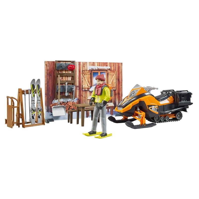 bruder 63102 - bworld Cabane de montagne avec motoneige et figurine, motoneige, skieur, jouet d'hiver
