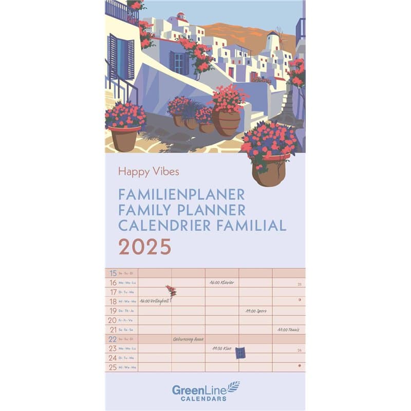 GreenLine Happy Vibes Agenda familial 2025, 22 x 45 cm, calendrier familial avec division mensuelle efficace en 5 colonnes, pour