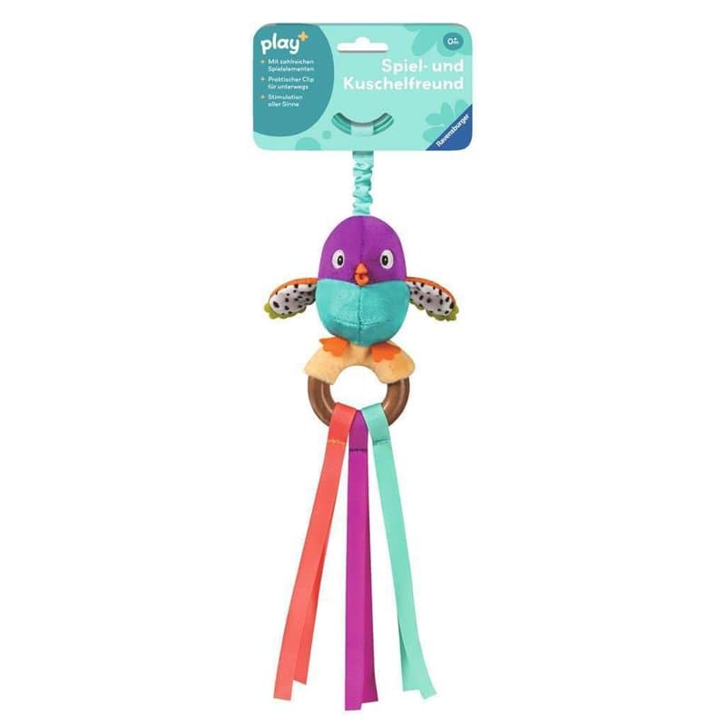 Ravensburger 4853 Play+ Oiseau gazouillant, hochet en Bois, Doudou avec Ventre gazouillant, Aide à la Dentition, Jouet pour bébé