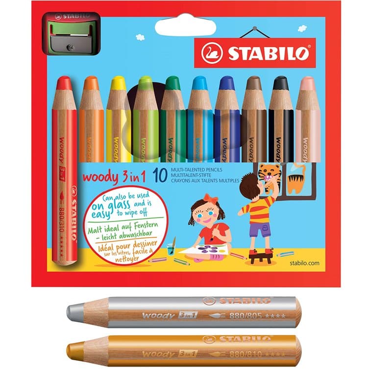 STABILO woody Lot de 10 crayons de couleur, aquarelle et craie de cire, 3 en 1, avec taille-crayon et argent, doré