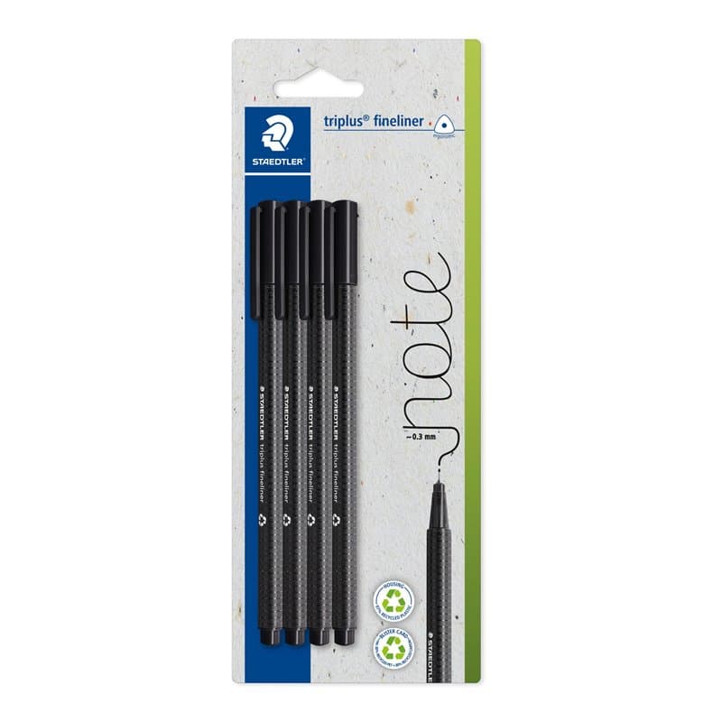 Staedtler Triplus 334-9 BK4 Fineliner 334 Lot de 4 feutres fins, triangulaires, pointe superfine, sertie de métal, env. 0,3 mm,