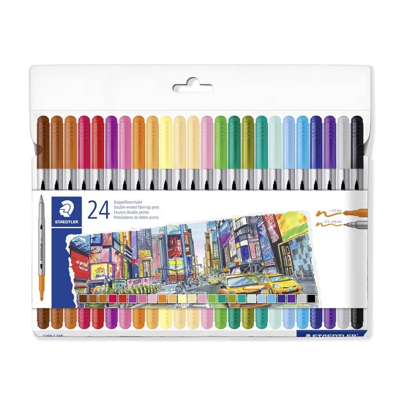 STAEDTLER 3200 C24P Lot de 24 stylos de coloriage Design Journey à double pointe Largeur de trait 0,5-3,0 mm 24 couleurs assorti