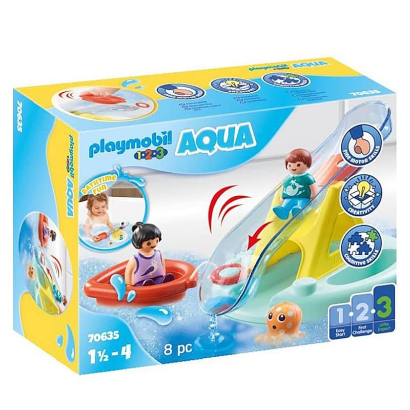 Playmobil 1.2.3 70635 Îlot avec Toboggan Aquatique - avec Deux Personnages, Un bébé Pieuvre et des Accessoires - Mes Premiers Ap