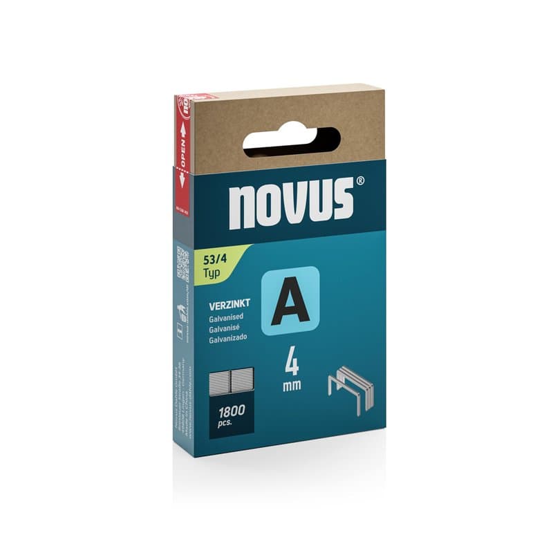 NOVUS TOOLS Agrafes en fil fin 4 mm de type 53, 1800 pièces, agrafes galvanisée pour tissus, cuir, capitonnage ou moquettes