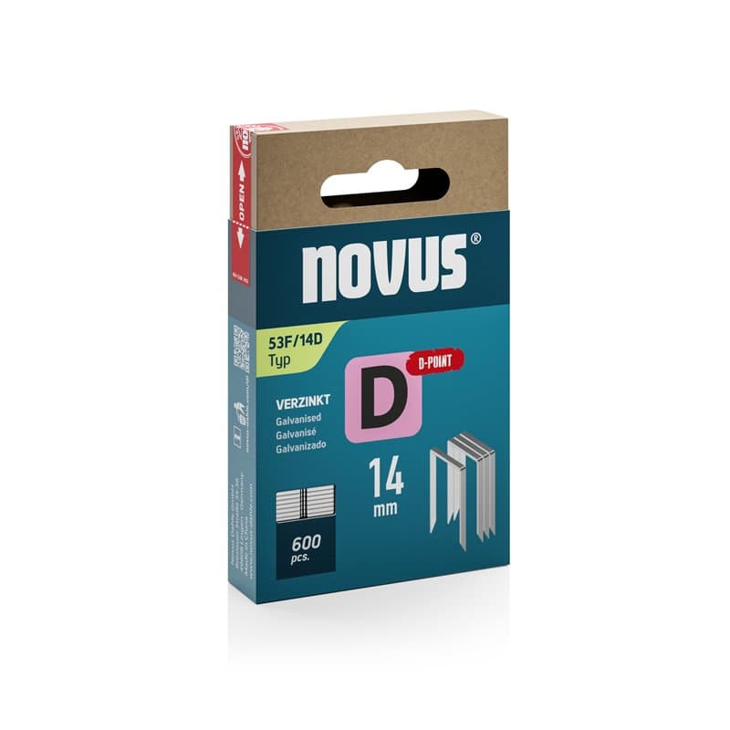 NOVUS TOOLS Agrafes en fil plat 14 mm de type 53F avec pointe en D pour résistance a l'arrachement, 600 pièces, agrafes galvanis