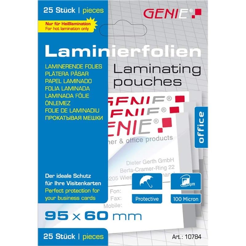 Genie 10784 pochettes à plastifier 100 microns pour format carte de visite 95 x 60 mm-lot de 25–compatibles avec toutes les plas