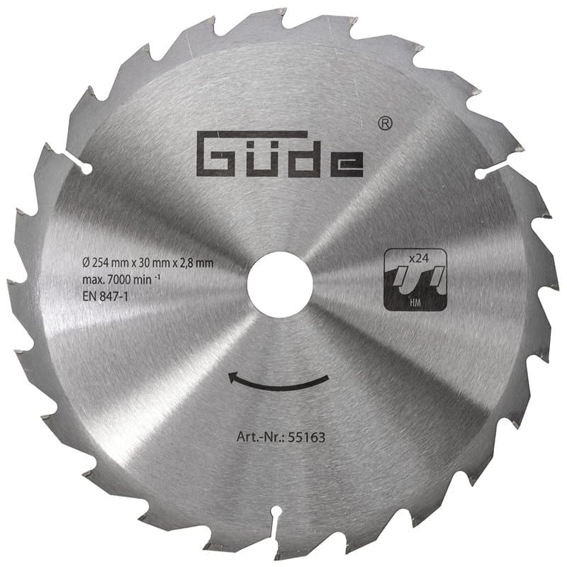 Güde 55163 Lame de scie à bois HM 254 x 30 x 24Z (en carbure de tungstène, 25,4 cm de diamètre, alésage de lame de scie 3 cm, 24