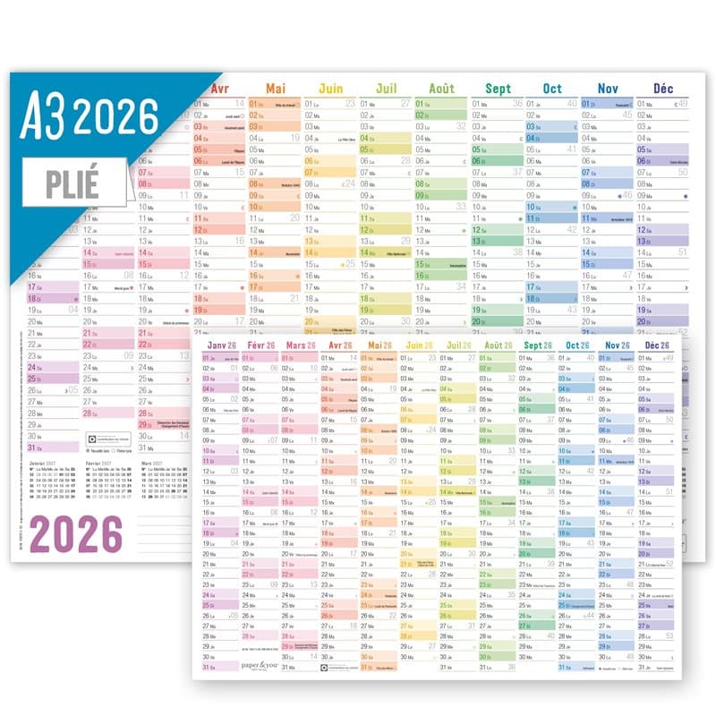 Häfft® Calendrier mural 2026 A3 en français (42 x 29,7 cm) plié "Rainbow", agenda mural avec jours fériés français + calendrier