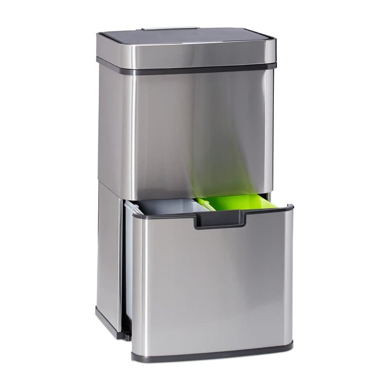 Relaxdays Poubelle de tri sélectif 3 compartiments inox 60 litres ouverture sensitive HxlxP: 74,5 x 42 x 31,5cm, argenté