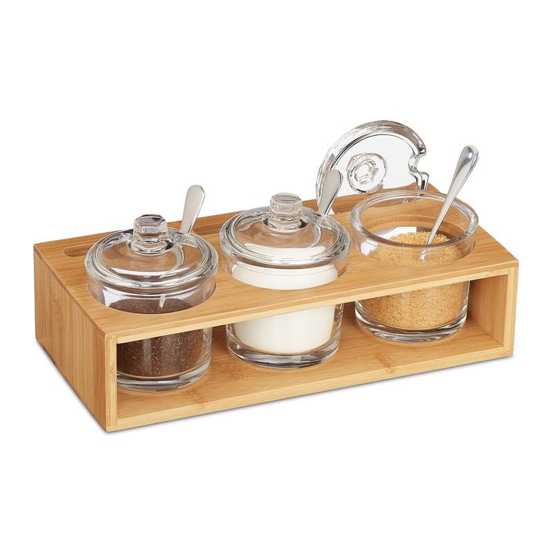 Relaxdays Lot de 3 pots à épices, salière, sucrier, avec support en bambou, cuillère et couvercle, nature/transparent