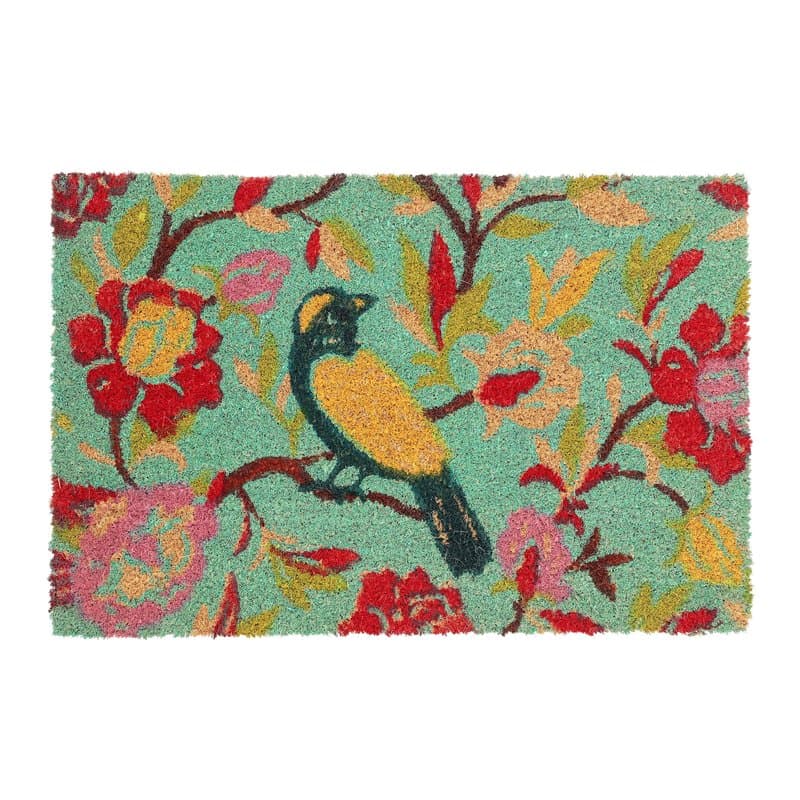 Relaxdays paillasson Coco, avec Oiseau et Motif Floral, caoutchouté, intérieur, extérieur, 60 x 40, Multicolore