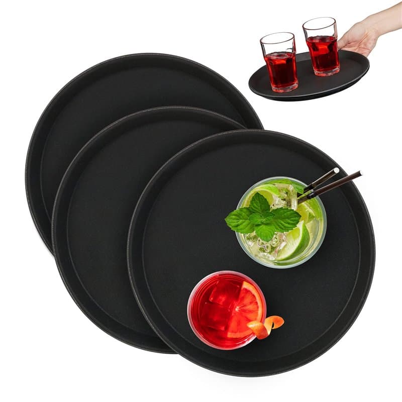 Relaxdays Lot de 3 Plateaux de Service Ronds, diamètre de 28 cm, Surface antidérapante, Restaurant, Noir