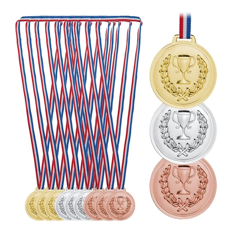 Relaxdays Lot de 12 médailles, pour Enfants, Ruban, Torche, Remise de Prix, 6 cm Ø, Plastique, Bronze, Argent, doré