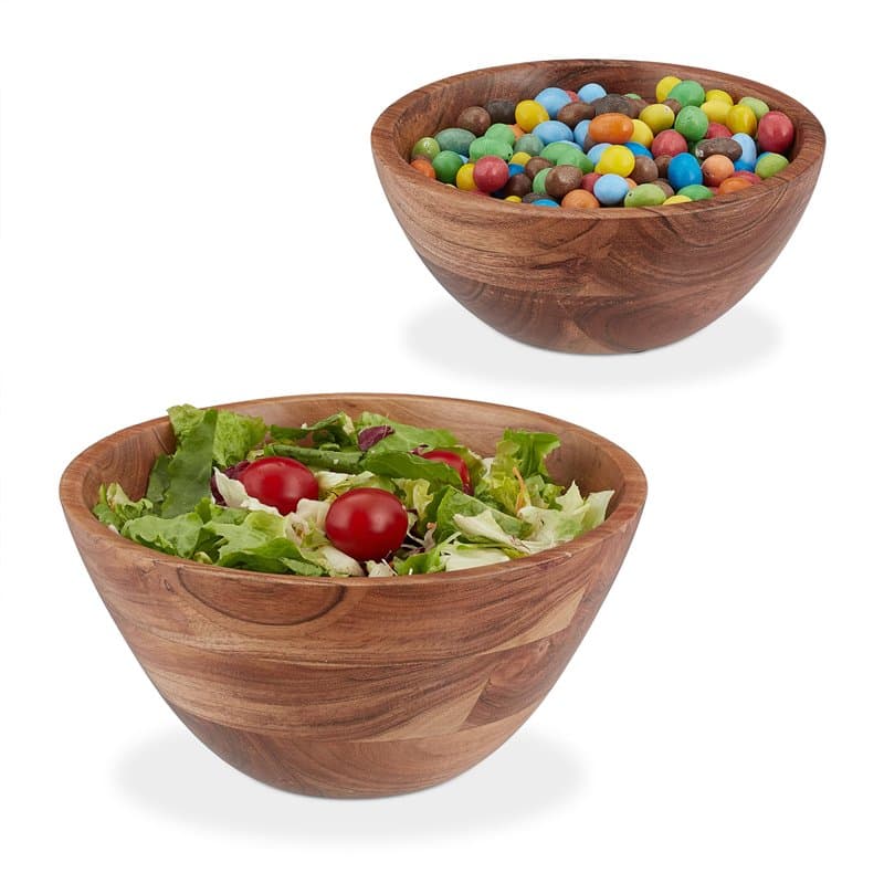 Relaxdays Saladier, Lot de 2, en Bois d’Acacia, diamètre de 19 et 25 cm, Bol pour Salade, Snacks, Fruits, Marron