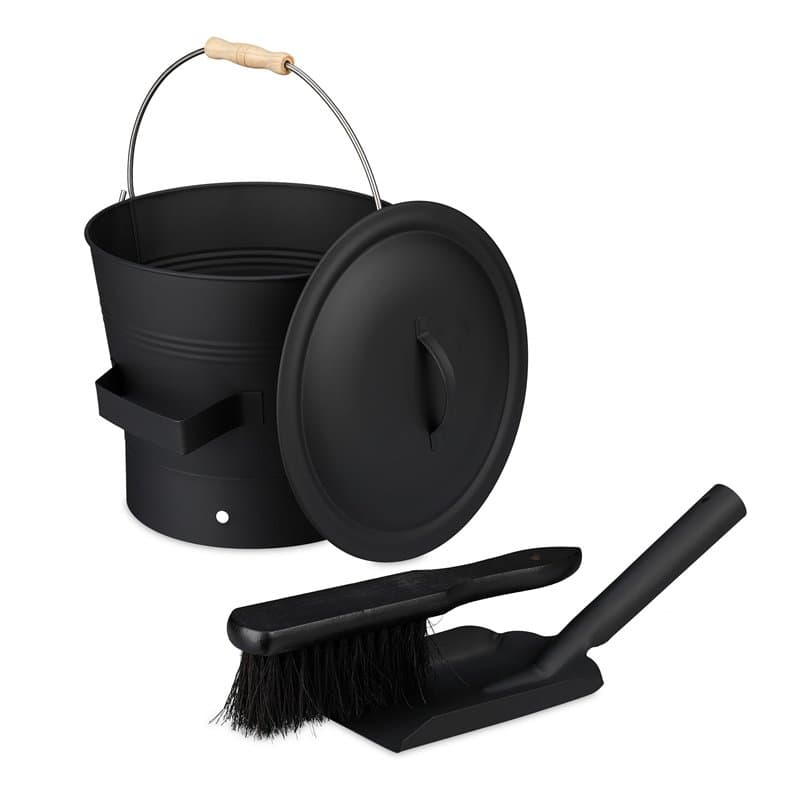 Relaxdays Seau à Cendres, avec Couvercle, 7,5 litres, Pelle et balayette, Nettoyage pour la cheminée, Noir