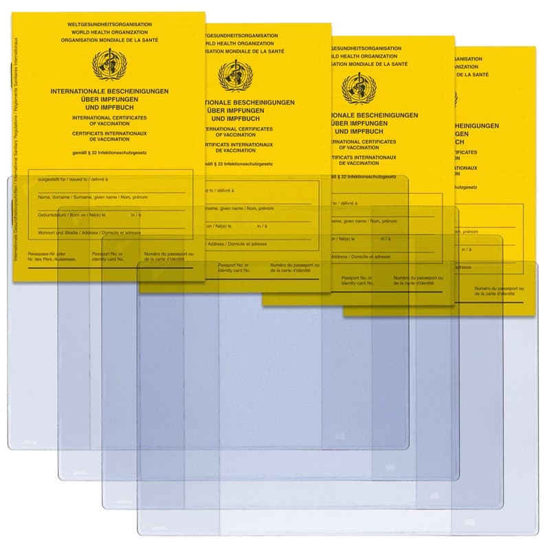 Welsberg Lot de 4 étuis de protection transparents pour passeport de vaccination et 4 porte-badges pour certificat international
