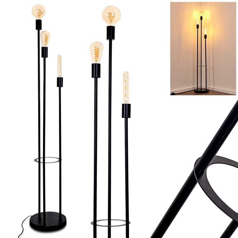 Lampadaire Maidford, lampadaire vintage en métal noir, 3 flammes, 3 x E27 douille, luminaire design rétro avec interrupteur à pi