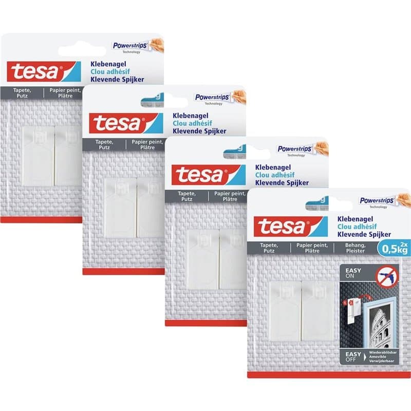 tesa Clou Adhésif pour Papier Peint & Plâtre 0,5 kg - Paquet de 2 Clous Adhésifs et 6 Languettes Adhésives - Lot de 4