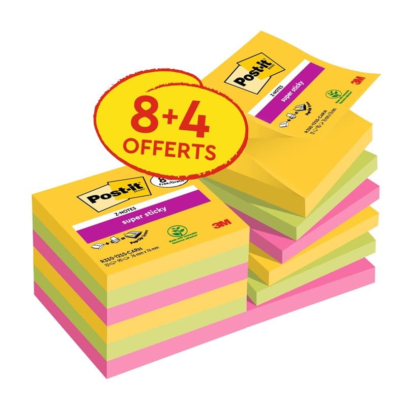 Post-it Z-Notes Autocollantes Super Sticky, Pack Promo de 8 Blocs + 4 GRATUITS, 90 Feuilles par Bloc, 76 mm x 76 mm - Feuillets