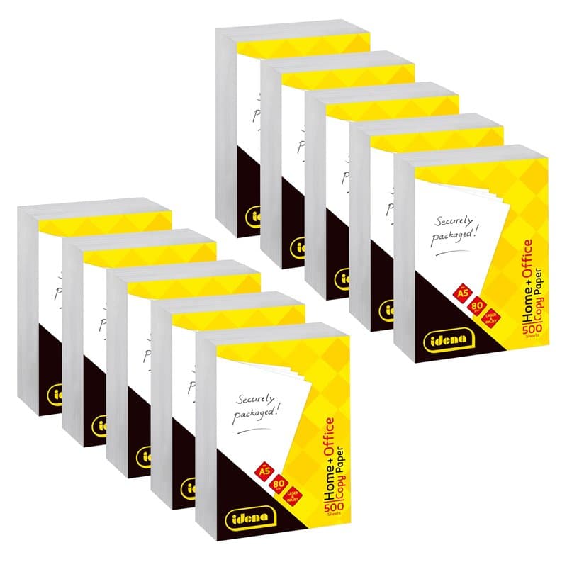 Idena 90951 - Papier pour photocopieuse DIN A5, 10 paquets de 500 feuilles 80 g/m², papier blanc pour imprimantes laser et jet d