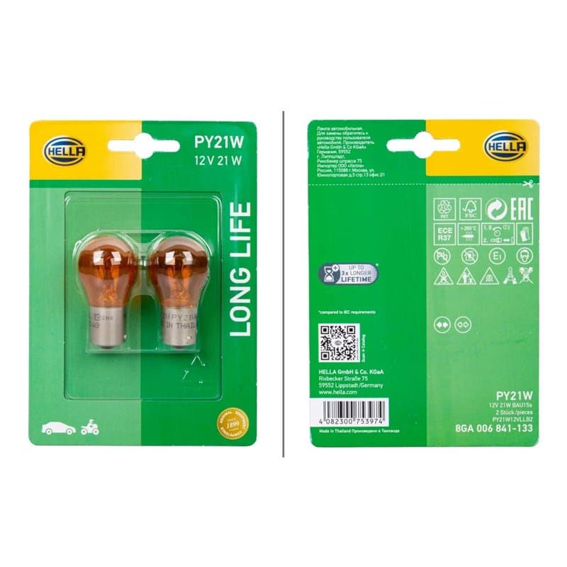HELLA 8GA 006 841-133 Halogène Ampoule - PY21W - Long Life up to 3x longer lifetime - 12V - 21W - Type de culot de l’ampoule: BA