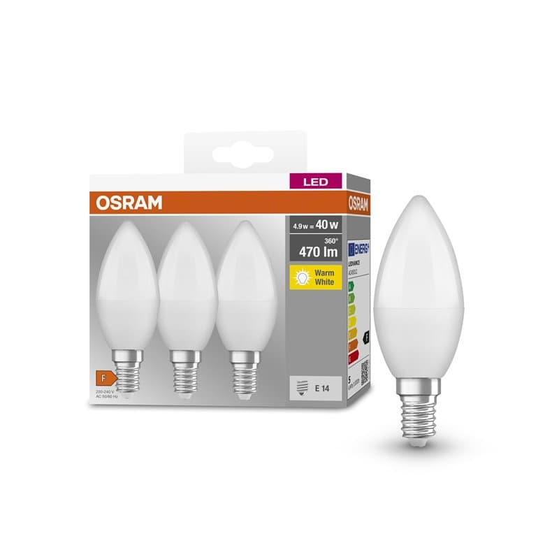Osram Base Classic B 40 FR LED lampe avec base E14, Mini-Tens Shape, 3-pack, 4,9W, 470lm, 2700k, lumière blanche chaude, dévelop