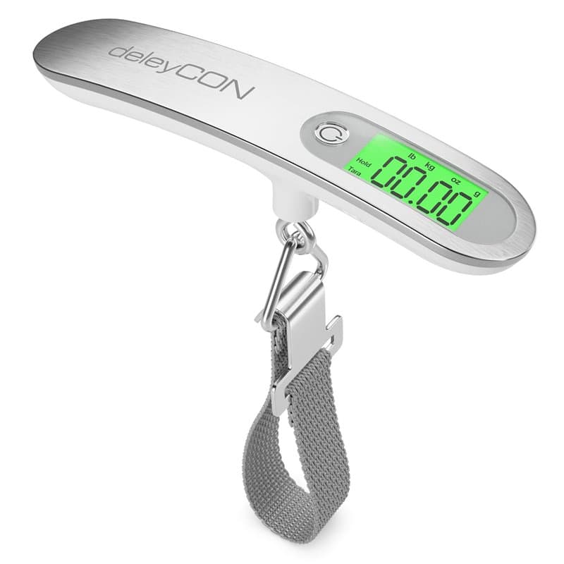 deleyCON Pèse-bagages numérique portable avec écran (jusqu'à 50 kg, batterie incluse) avec crochet pour valise, cuisine, pêche,