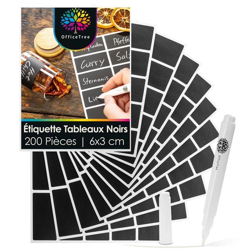 OfficeTree 200 Etiqueteuse Autocollantes - 6 x 3 cm - Étiquettes Bocaux - Etiquette Autocollantes Noires - Etiquette Verre - Eti