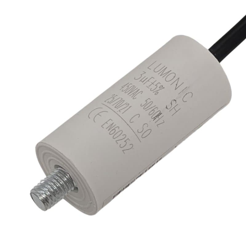 Lumonic Condensateur de démarrage avec Fil 25cm I 3µF 450V I 26x55mm I 3uF I Condensateur de moteur avec boîtier en plastique I