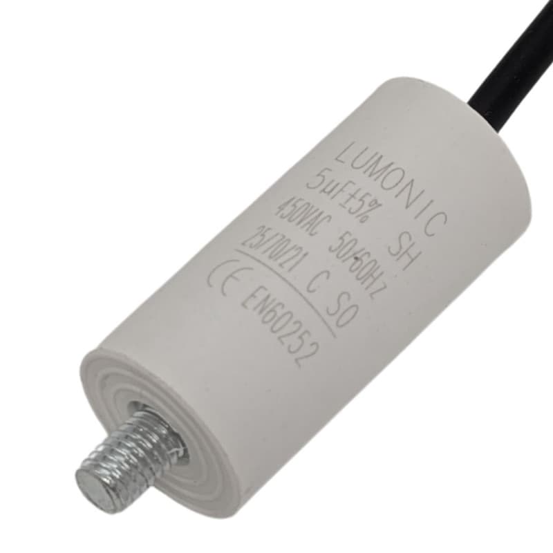 Lumonic Condensateur de démarrage avec Fil 25cm I 5µF 450V I 26x55mm I 5uF I Condensateur de moteur avec boîtier en plastique I