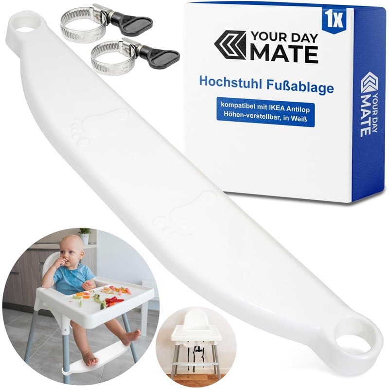 Repose-pieds pour chaise haute, 1 set, en blanc, compatible avec IKEA Antilop, hauteur réglable avec colliers fixation au pied d