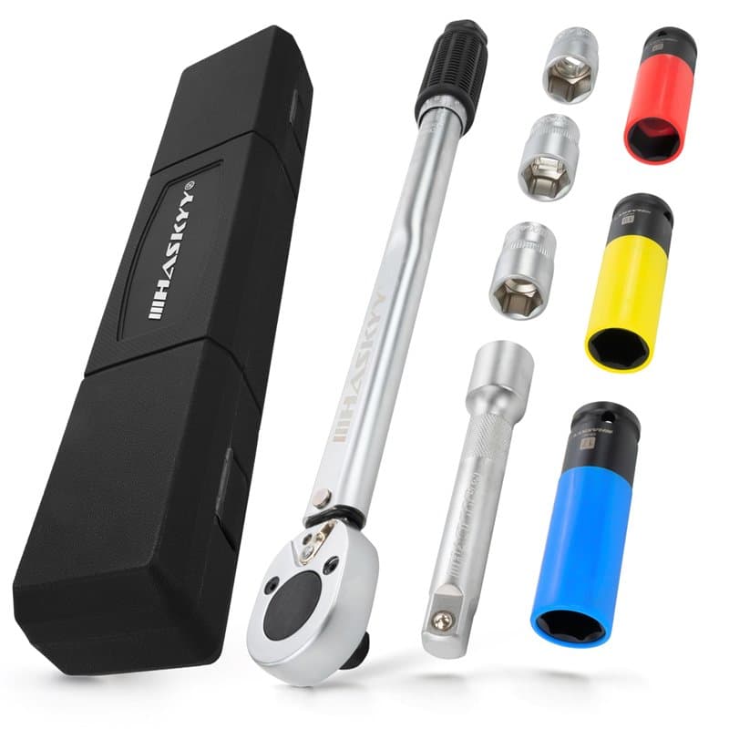 HASKYY Clé Dynamométrique set 1/2" I 28-210NM I 3 CR-MO douilles à choc 17 19 21mm I 3 CR-V Jeu de Douilles 17 19 21mm I Extensi