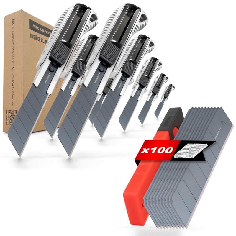HASKYY Lot de 10 Cutters Professionnels avec 100 Lames SK5 18mm à 7 Segments - Système de Changement Rapide, Corps Ergonomique R