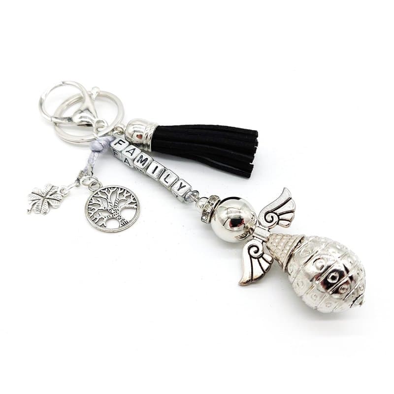 AB Viking Crafts Pendentif ange gardien pour sac à dos, sac, voiture, clés avec arbre de vie, trèfle et gravure Family | Bonheur