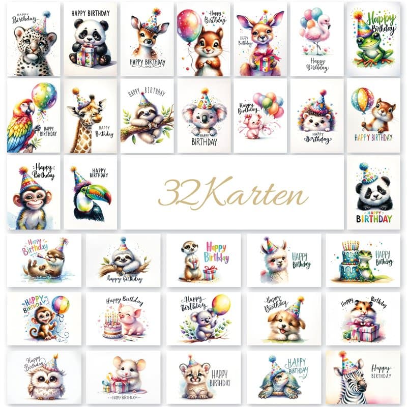 E&G Klasse Lot de 32 cartes d'anniversaire avec 32 cartes d'anniversaire différentes, de qualité supérieure, motifs d'animaux mi