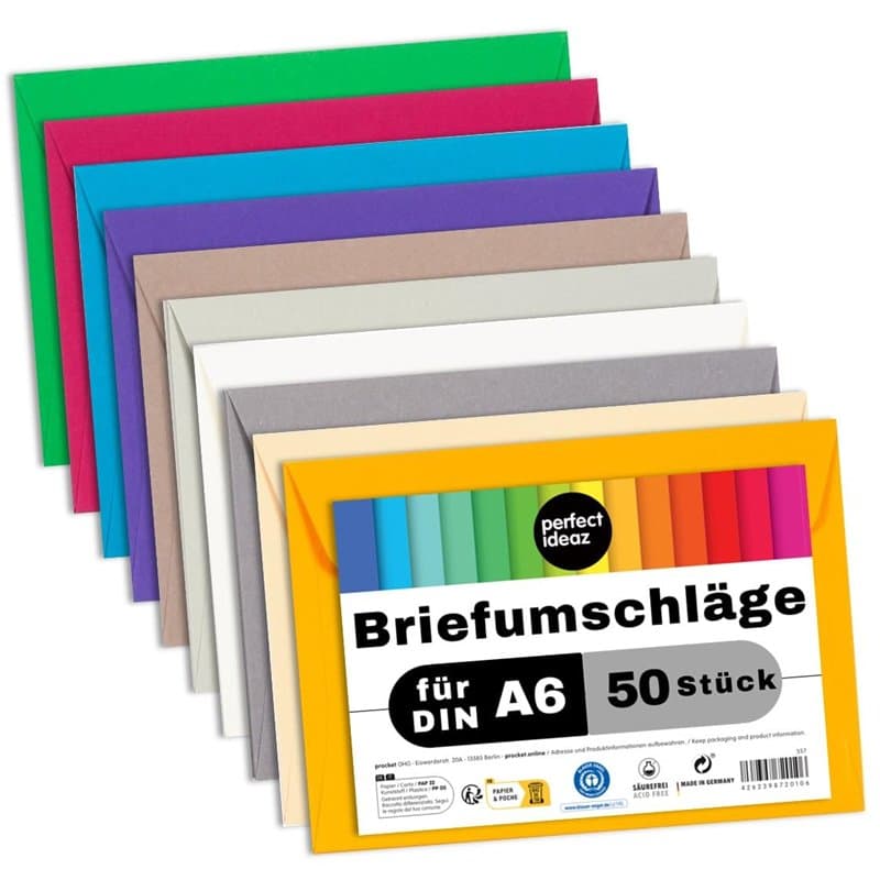 perfect ideaz • 50 enveloppes DIN-C6 sans fenêtre, en papier recyclé, 10 couleurs, fabriqué durablement en Allemagne