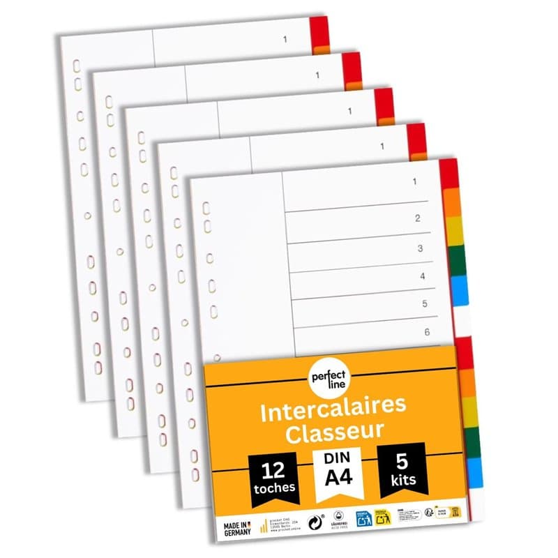 perfect line plastique Intercalaires classeur DIN-A4, 12-pièces, 5-set, intercalaire A4 en polypropylène, fabriqué en Allemagne