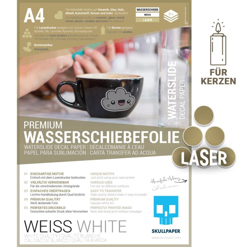 SKULLPAPER® Papier décalcomanie à eau ultra fin pour imprimantes laser, BLANC - Pour céramique, verre, bougie, métal, plastique,